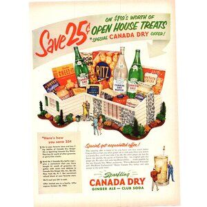 1952 Canada Dry Ginger Ale Club Soda Vintage Print Ad Open House 50s Wall Art